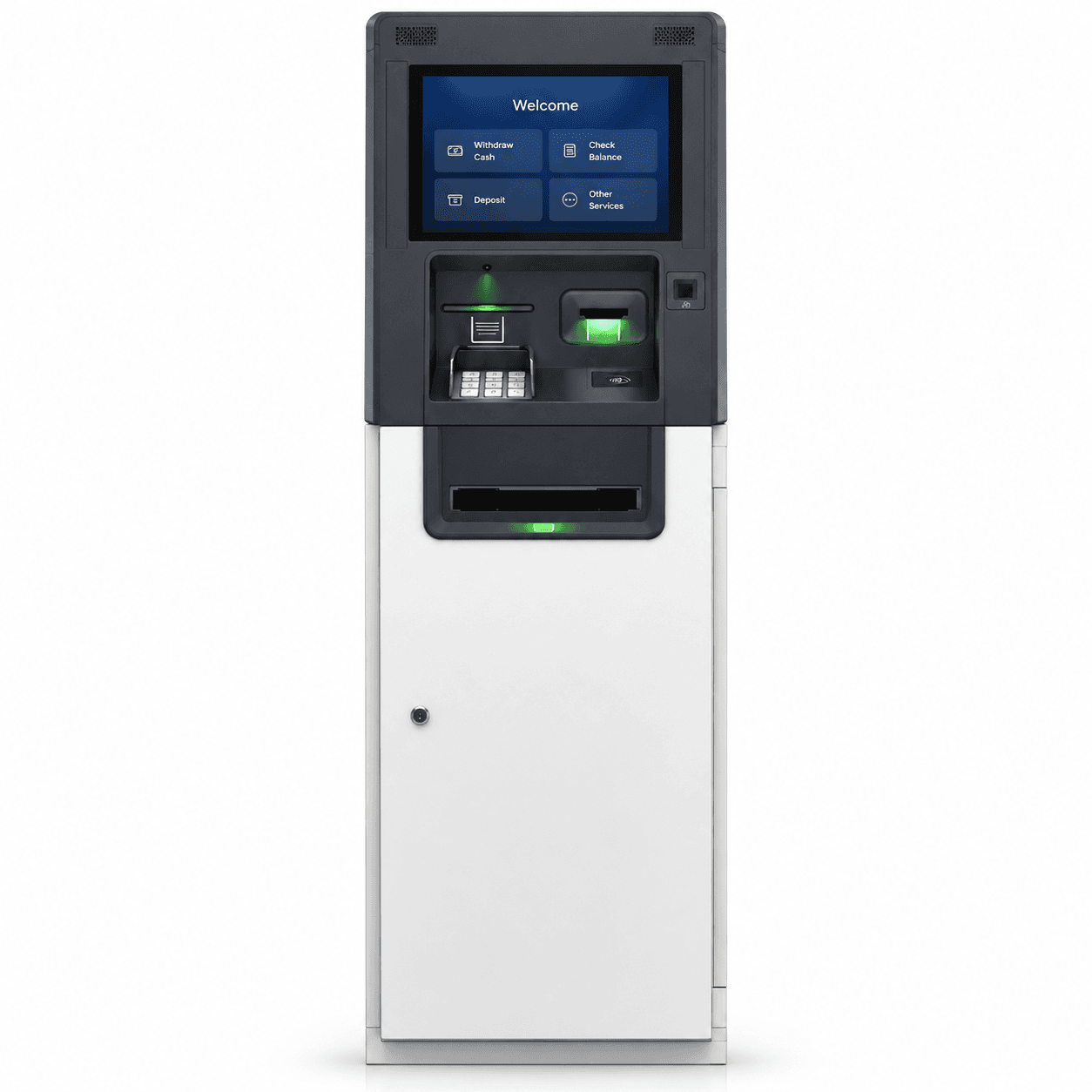 Freestanding ATM with touchscreen, keypad, illuminated hardware slots and cash dispensing opening