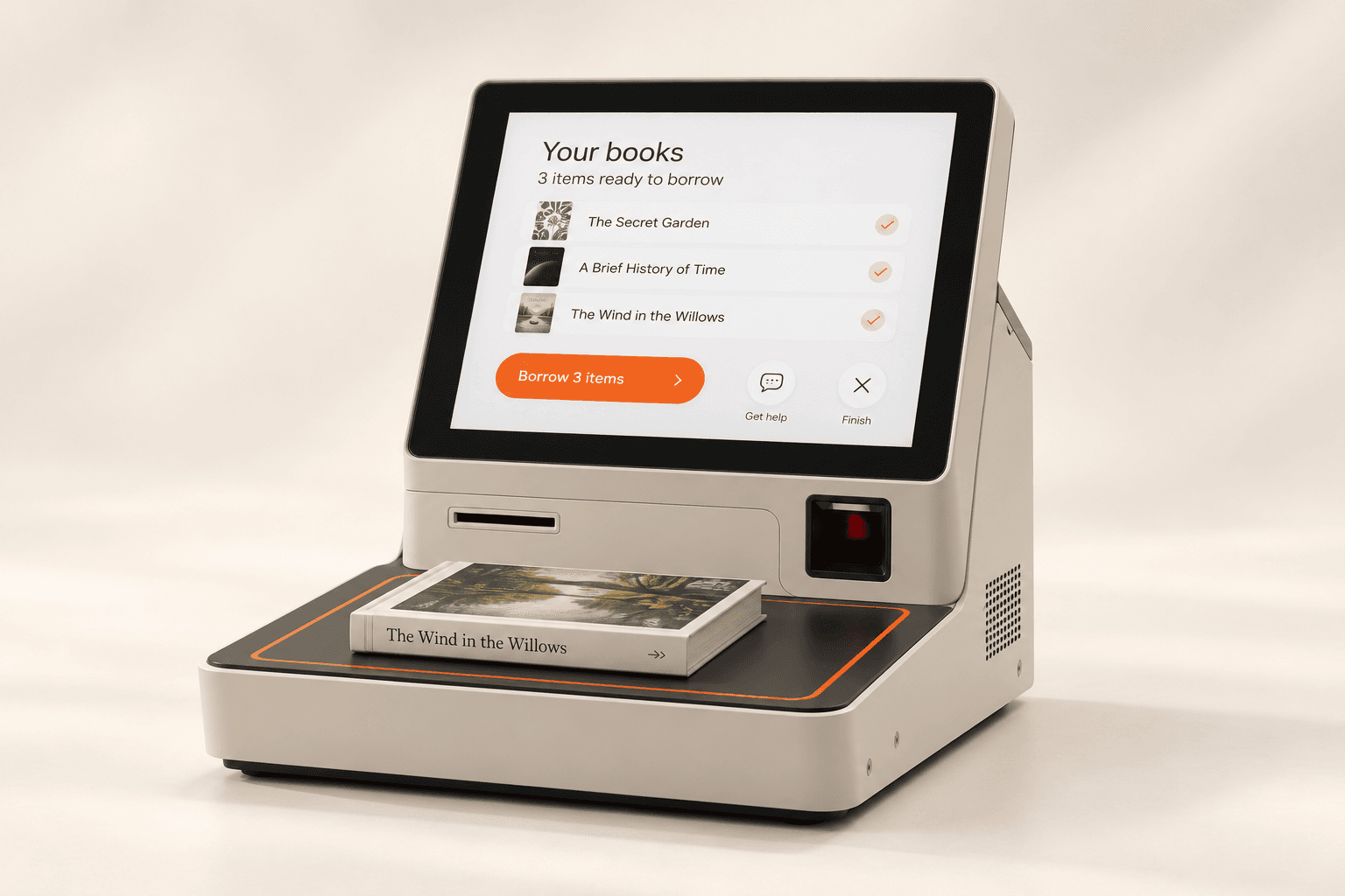 Compact library kiosk displaying an item-by-item borrowing interface
