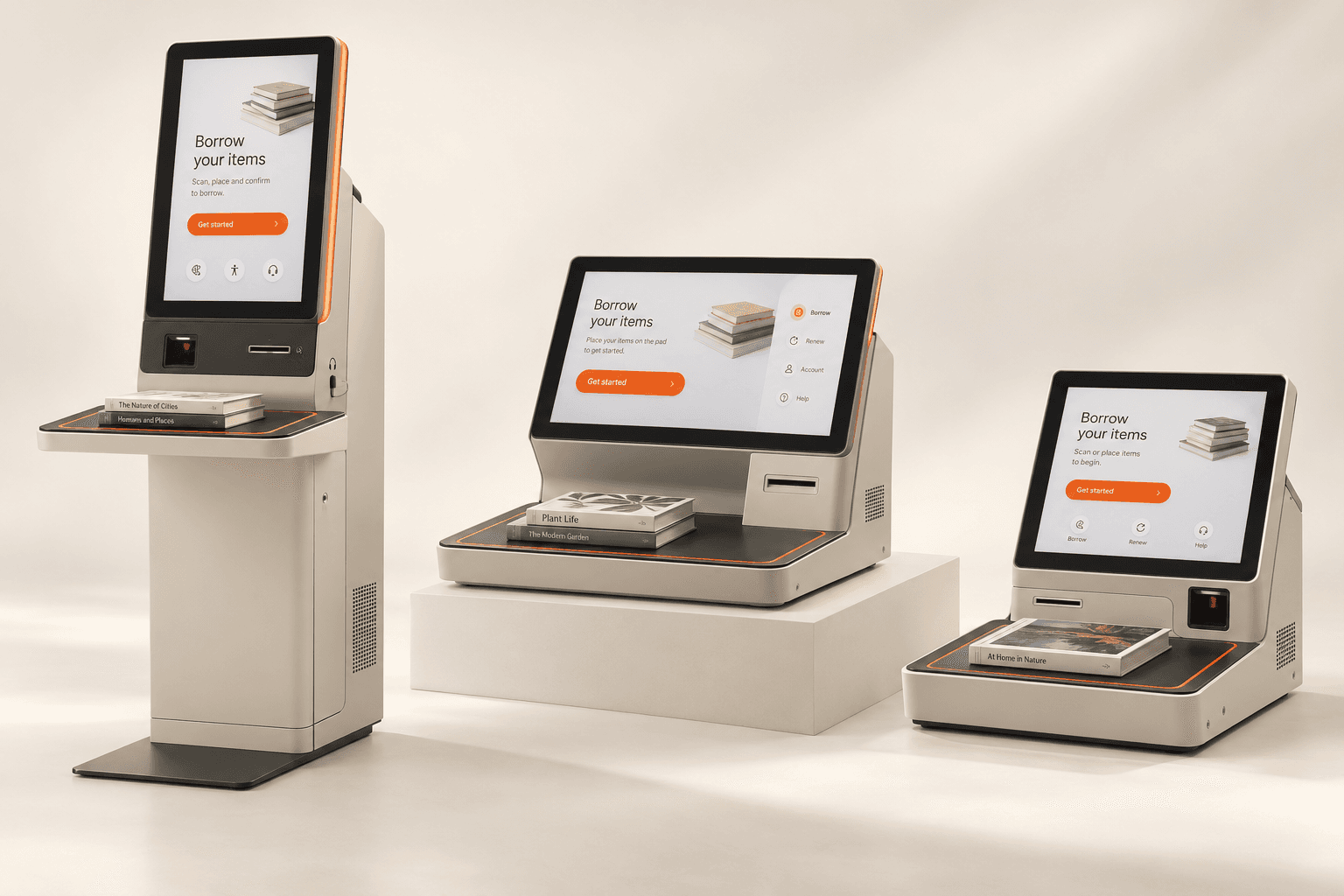 Floor-standing, countertop and compact library kiosks with touchscreens and book reading surfaces