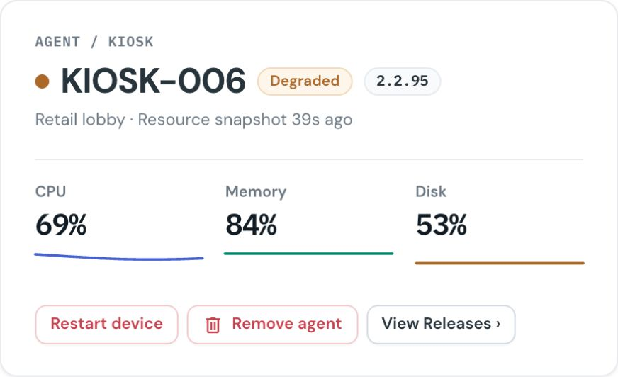 Satellite kiosk overview with resource indicators and device restart and release controls